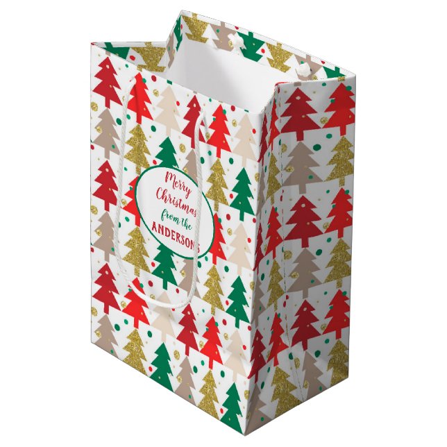 Red Green Gold Christmas Tree Circles Pattern Medium Gift Bag (Front Angled)