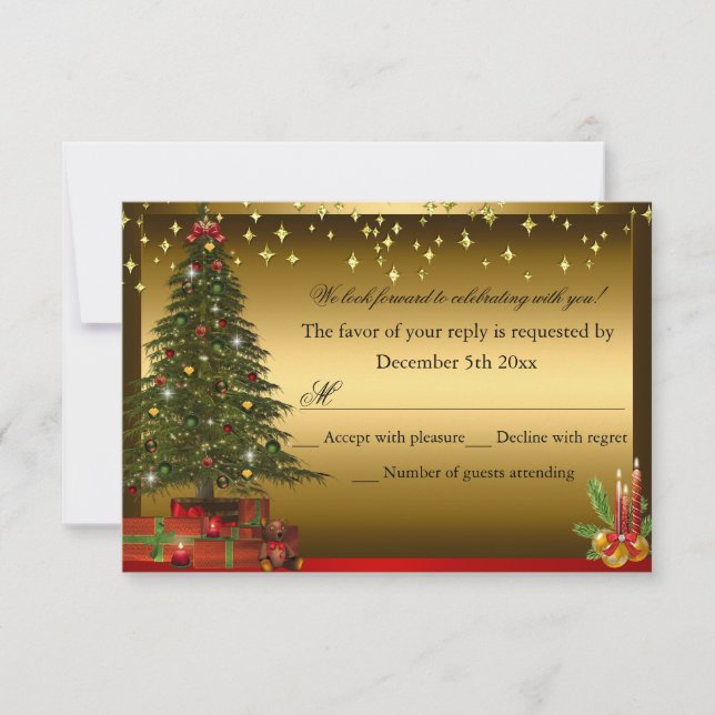 Red Green gold Christmas Tree Xmas Holiday RSVP Invitation (Front)