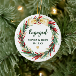 Red Green Gold Christmas Wreath Engaged Ceramic Tree Decoration