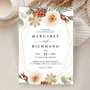 Red Green & Gold Christmas Wreath Winter Wedding Invitation