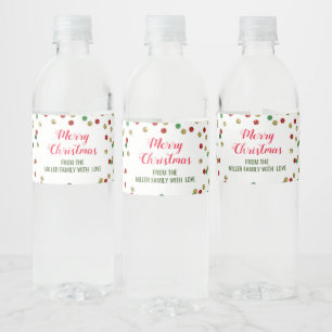 Red Green Gold Confetti Custom Merry Christmas Water Bottle Label