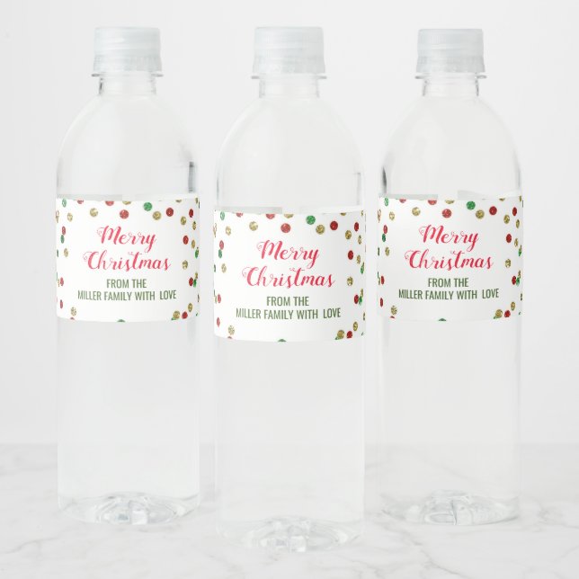 Red Green Gold Confetti Custom Merry Christmas Water Bottle Label (Bottles)