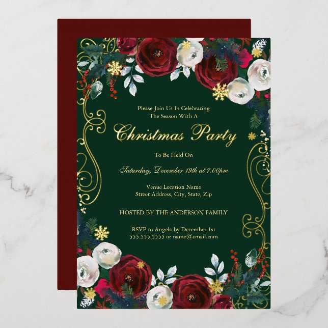 Red Green Gold Floral Swirl Christmas Party  (Front/Back)