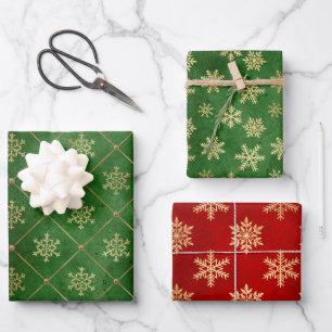 Red, Green & Gold Foil Winter Snowflakes Patterns Wrapping Paper Sheet