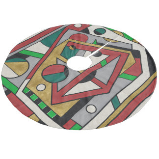 Red Green & Gold Geometric Abstract Fleece Tree Skirt