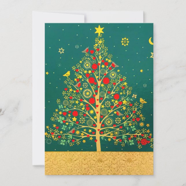 Red Green Gold Glitter Chrismas Winter Bird Tree Holiday Card (Front)
