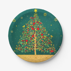 Red Green Gold Glitter Chrismas Winter Bird Tree Paper Plate