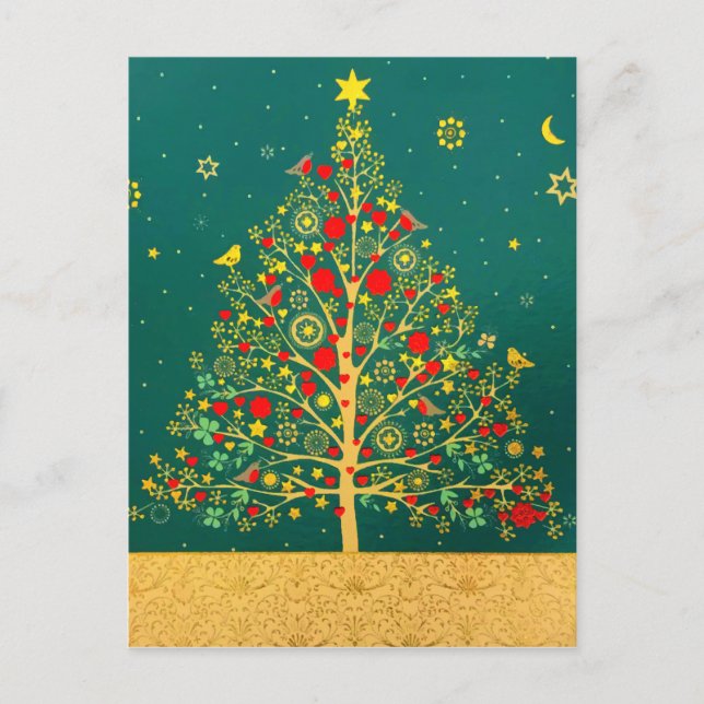 Red Green Gold Glitter Chrismas Winter Bird Tree Postcard (Front)