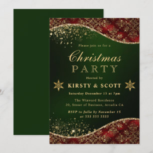 Red, Green & Gold Glitter Damask Christmas Party Invitation