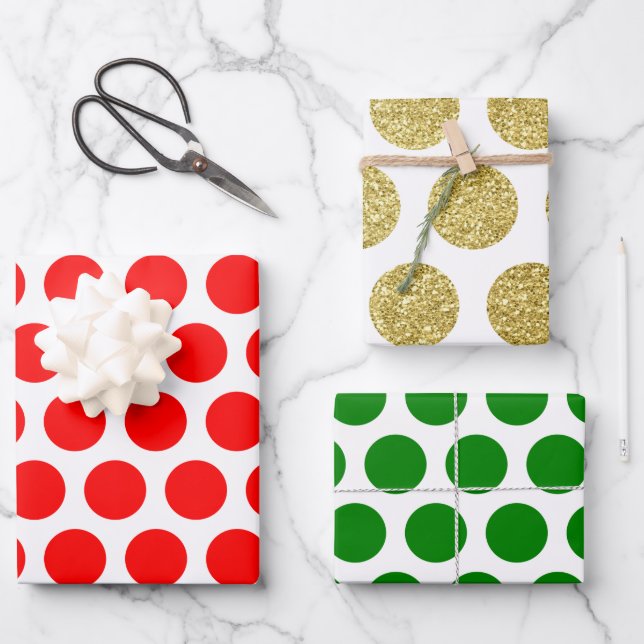 Red Green Gold Glitter Polka Dot Christmas Wrapping Paper Sheet (Front)