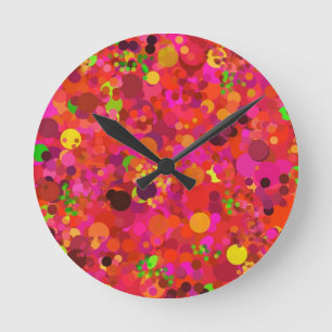 Red Green Gold & Pink Dots Colourful Pattern Round Clock