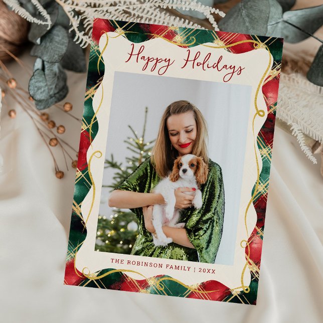 Red Green Gold Plaid Pattern Happy Holidays Photo Holiday Card (Creator Uploaded)