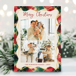 Red Green Gold Plaid Pattern Merry Christmas Photo Holiday Card