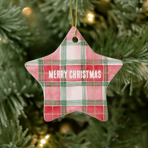 Red Green Gold Plaid Stripes Christmas Ceramic Tree Decoration