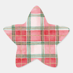 Red Green Gold Plaid Stripes Christmas Star Sticker