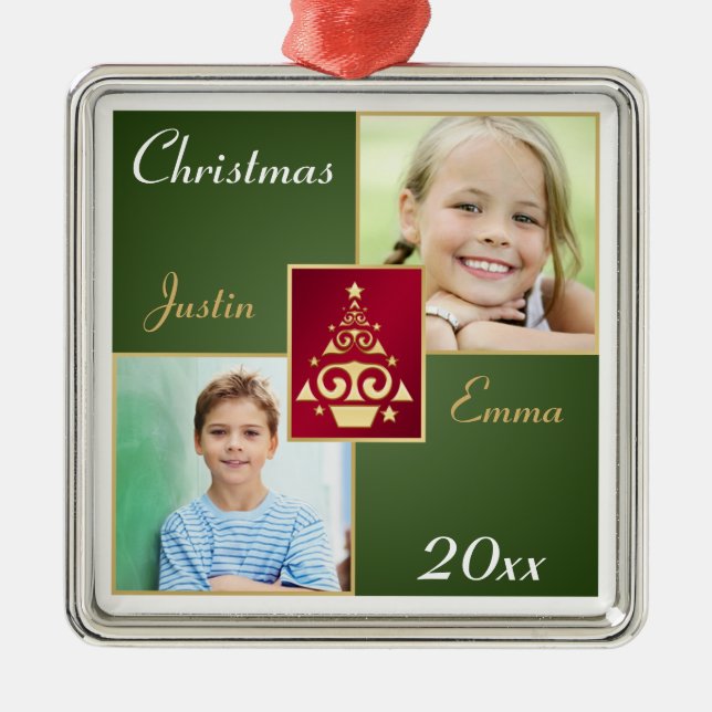 Red, Green, Gold Premium Christmas Photo Ornament (Front)