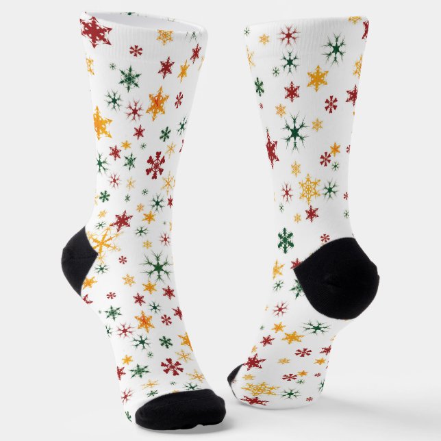 Red Green Gold Retro Snowflake Christmas Pattern Socks (Angled)