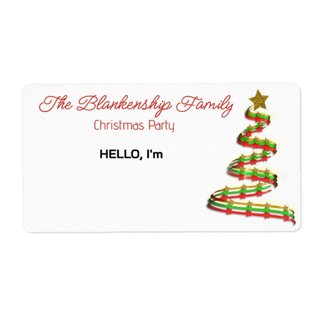 Red Green Gold Ribbon Christmas Tree Name Tag (Front)