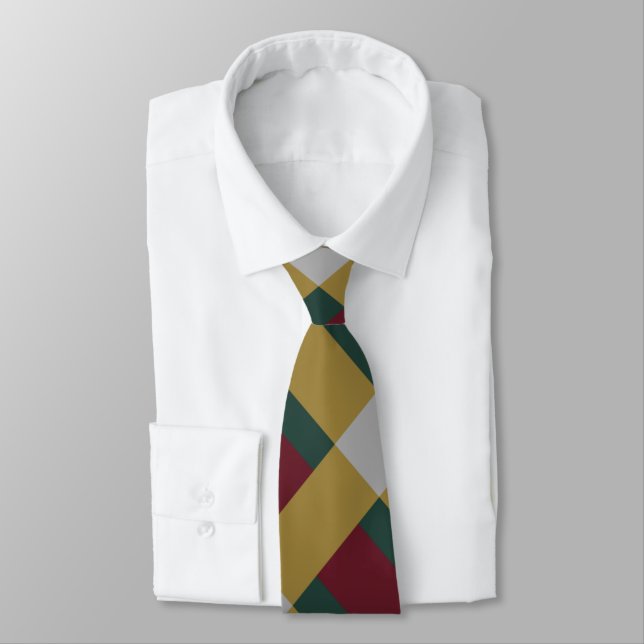 Red Green Gold Silver Colour Block Print Tie (Tied)