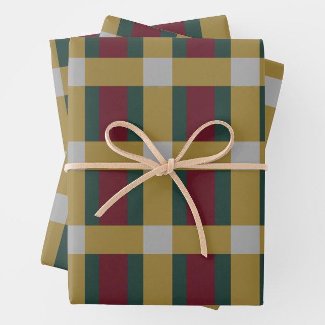 Red Green Gold Silver Colour Block Print Wrapping Paper Sheet (In situ)