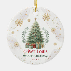 Red Green Gold Snowflake Baby 1st Christmas Ceramic Tree Decoration