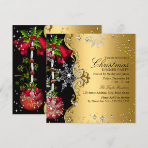 Red green Gold Snowflake Christmas Dinner Party 3 Invitation