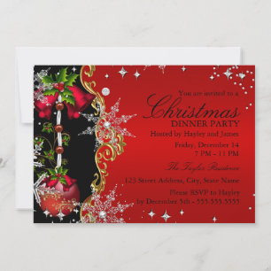 Red green Gold Snowflake Christmas Dinner Party 5 Invitation