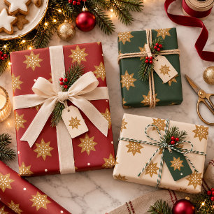 Red Green Gold Snowflakes Elegant Christmas Wrapping Paper Sheet
