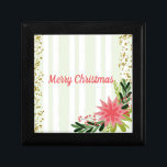 Red Green Gold Sparkle Poinsettia Christmas  Gift Box<br><div class="desc">Green and White Stripe with gold sparkles and a poinsettia Christmas gift box. Personalise with Merry Christmas or change the words to you wish.</div>