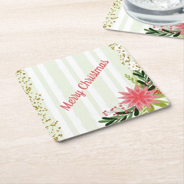 Red Green Gold Sparkle Poinsettia Christmas  Square Paper Coaster (Angled)