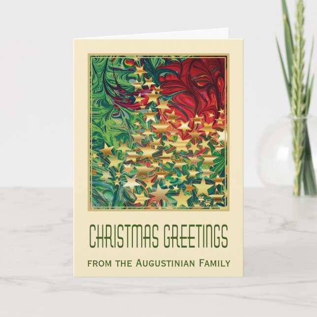 Red Green Gold Stars Christian CHRISTMAS GREETINGS Holiday Card (Front)