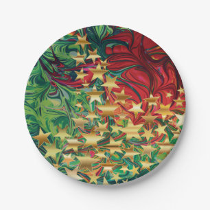 Red Green Gold Stars Christmas Festive Party Paper Plate
