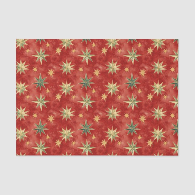 Red Green Gold Stars Christmas Tissue Paper (Front)