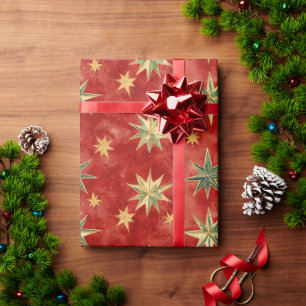 Red Green Gold Stars Christmas Wrapping Paper
