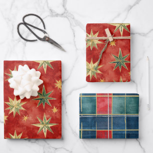 Red Green Gold Stars Christmas Wrapping Paper Sheet