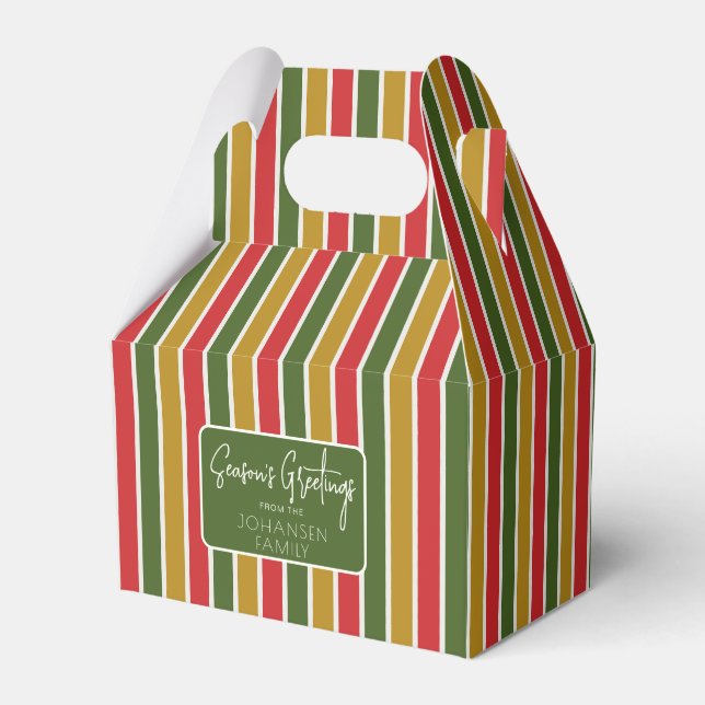 Red, Green, Gold Striped Holiday Greeting Favour Box (Front Side)