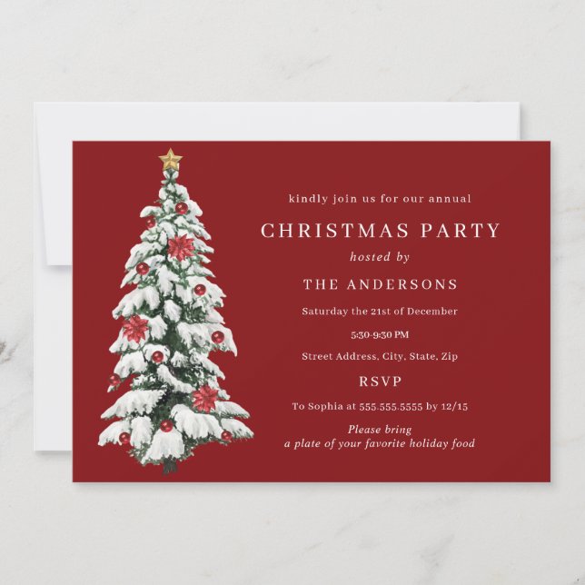 Red Green Gold Traditional Tree Christmas Party Invitation (Front)