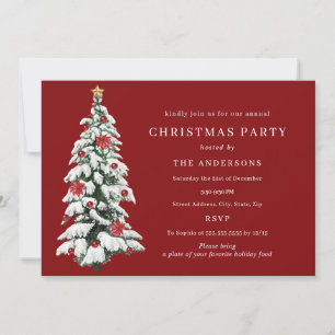 Red Green Gold Traditional Tree Christmas Party Invitation
