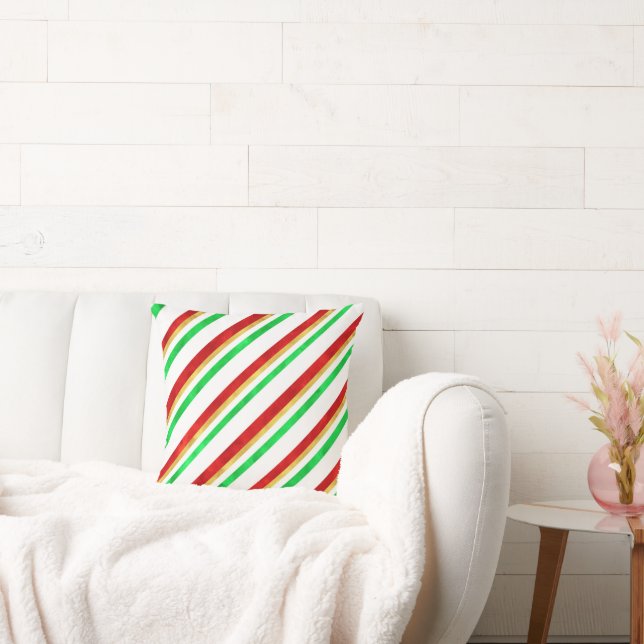 Red Green Gold Watercolor Candy Cane Stripes Cushion (Couch)
