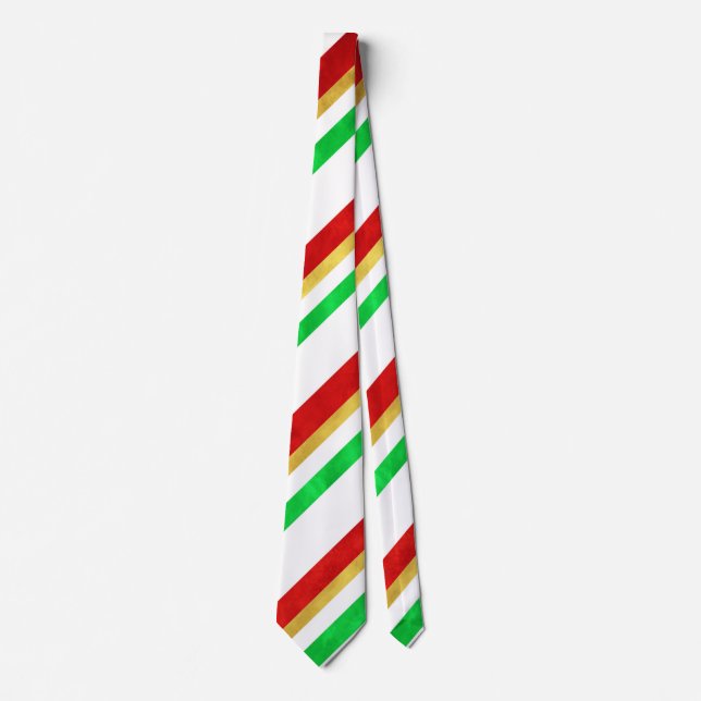 Red Green Gold Watercolor Candy Cane Stripes Tie (Front)