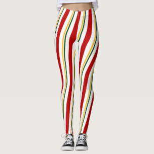 Red Green Gold White Candy Cane Stripes Christmas Leggings