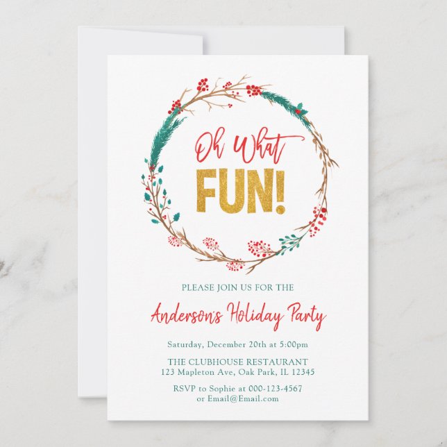Red Green Gold Wreath Oh What Fun Christmas Party Invitation (Front)