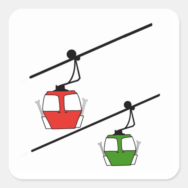 Red & green gondolas with skis sticker. square sticker (Front)