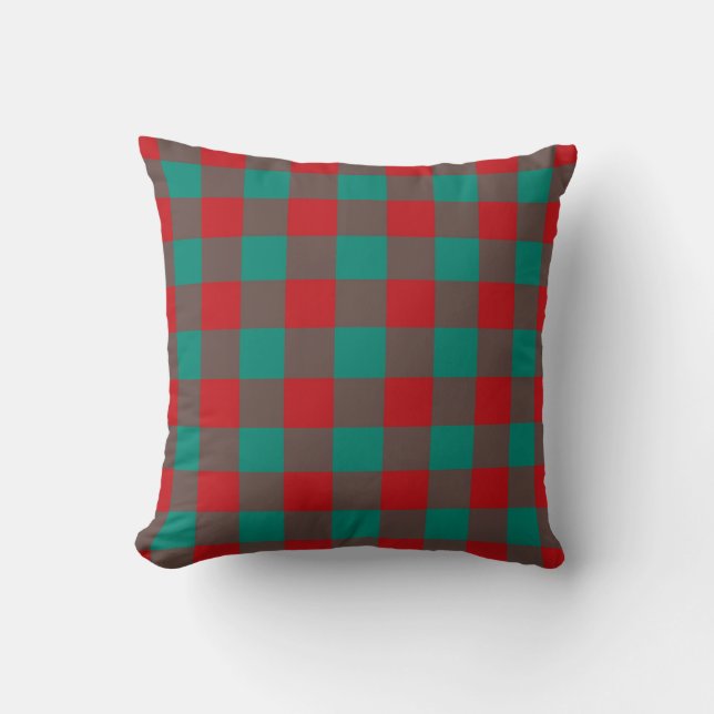 Red Green Grey Chequered Plaid Pattern Cushion (Front)