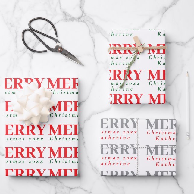 Red green grey Christmas name modern holiday style Wrapping Paper Sheet (Front)