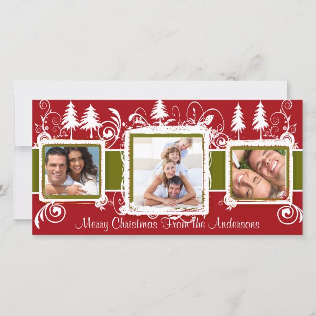Red Green Grunge Pine Swirls Holiday Family Photo (Front)
