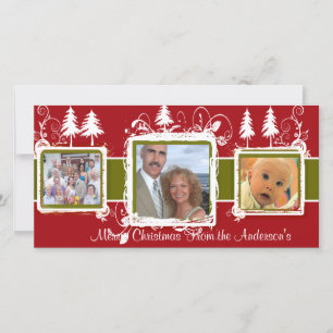 Red Green Grunge Pine Swirls Holiday Family Photo Card