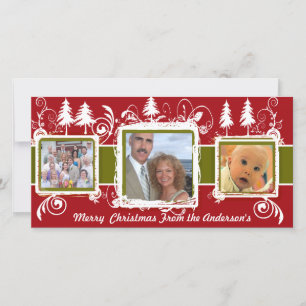 Red Green Grunge Pine Swirls Holiday Family Photo Card