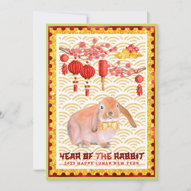 Red Green Happy Lunar New Year of the Rabbit Photo Holiday Card (Front)