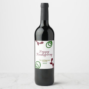 Red green happy Thanksgiving floral leaf fall Wine Label